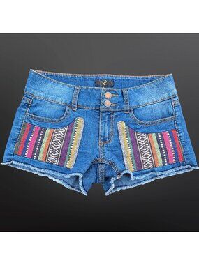 Y2K Low Rise Blue Denim Mini Shorts Size 3 Southwestern Boho Hippie Festival